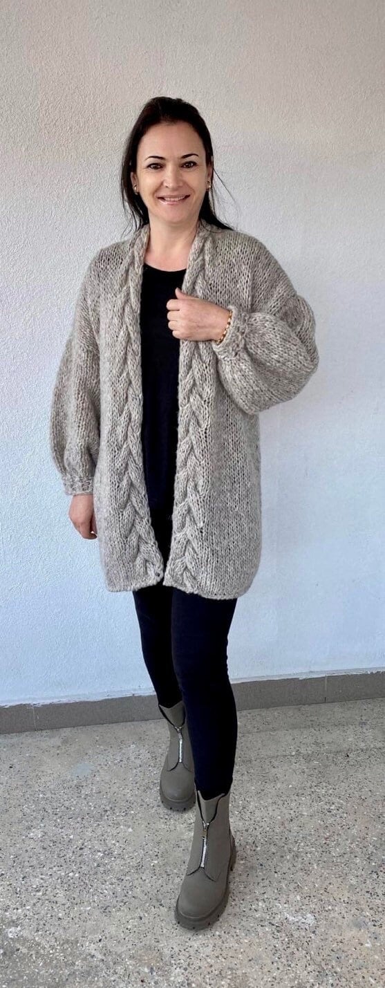 YARA Greige Cardigan with Braided Front Edge, Soft Wool Mix Sweater, Cable Edge Cardigan, Cable Knit Sweater