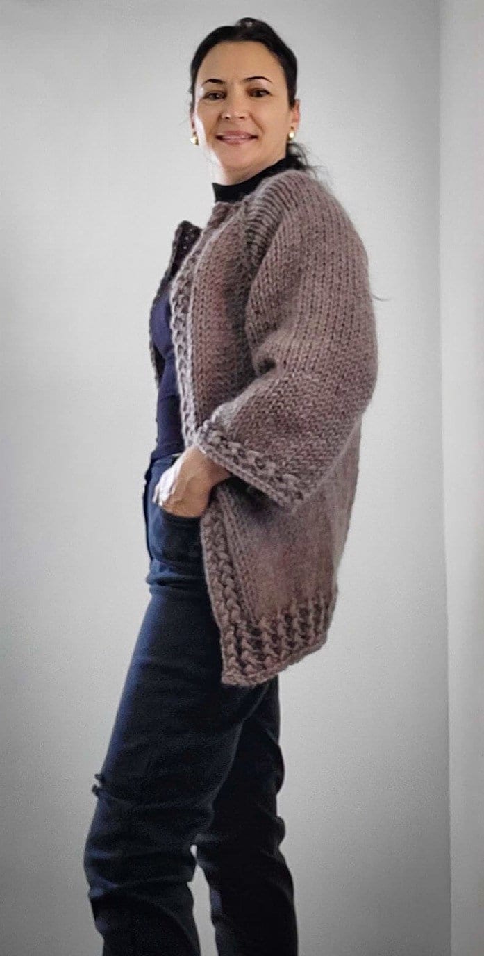 AVANI Chunky Wool Cardigan, Brown Wool Jacket, Taupe Knit Cardigan with Braided Edge, Wool Outwear, Midi Chunky Cardigan