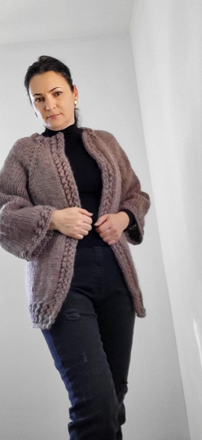 AVANI Chunky Wool Cardigan, Brown Wool Jacket, Taupe Knit Cardigan with Braided Edge, Wool Outwear, Midi Chunky Cardigan