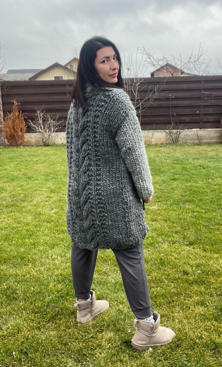 SKADI Grey Wool Long Coat, Chunky Long Cardigan, Winter Long Wool Coat, Knit Long Coat