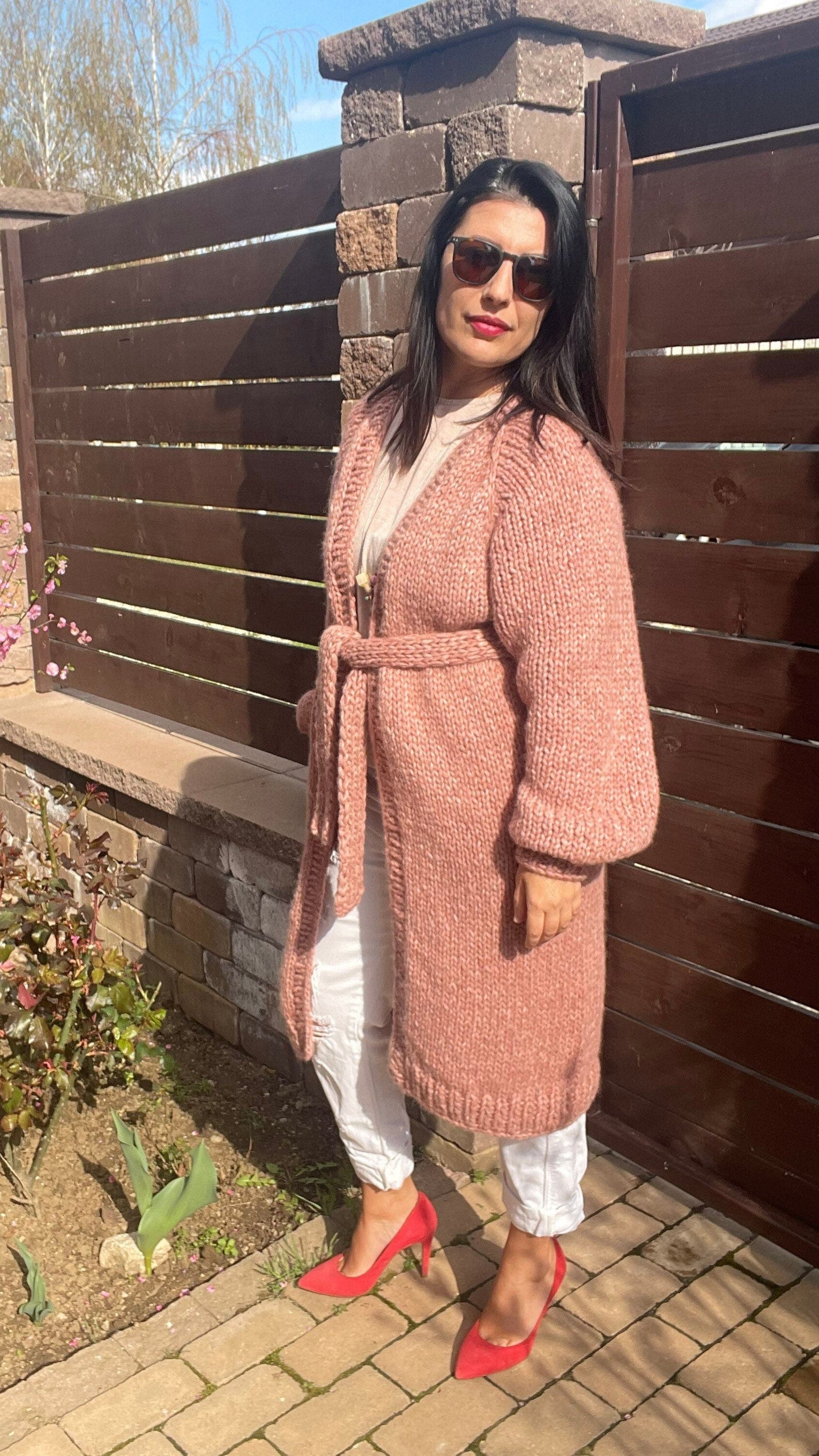 LARA Long Knit Cardigan with Belt, Pink Blush Cardigan, Alpaca Merino Long Coat, Long Knit Cardigan with Belt, Pastel Soft Alpaca Cardigan