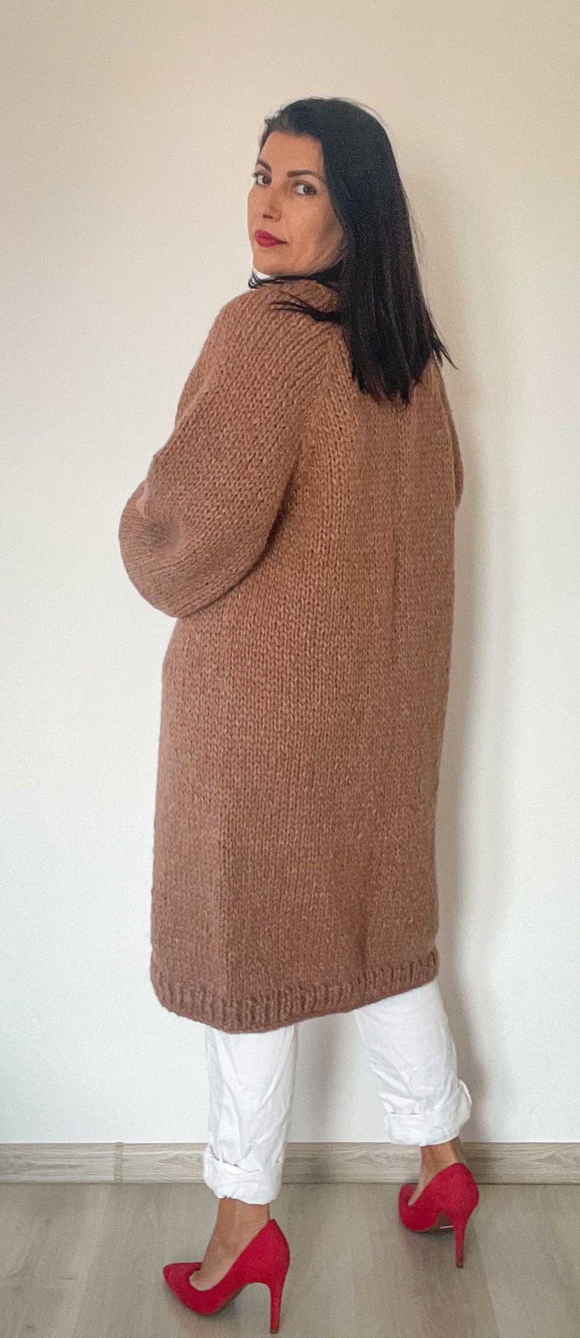 LARA Long Knit Cardigan with Belt, Milk Chocolate Brown, Soft Alpaca Merino Coat, Knit Long Cardigan, Brown Cardigan