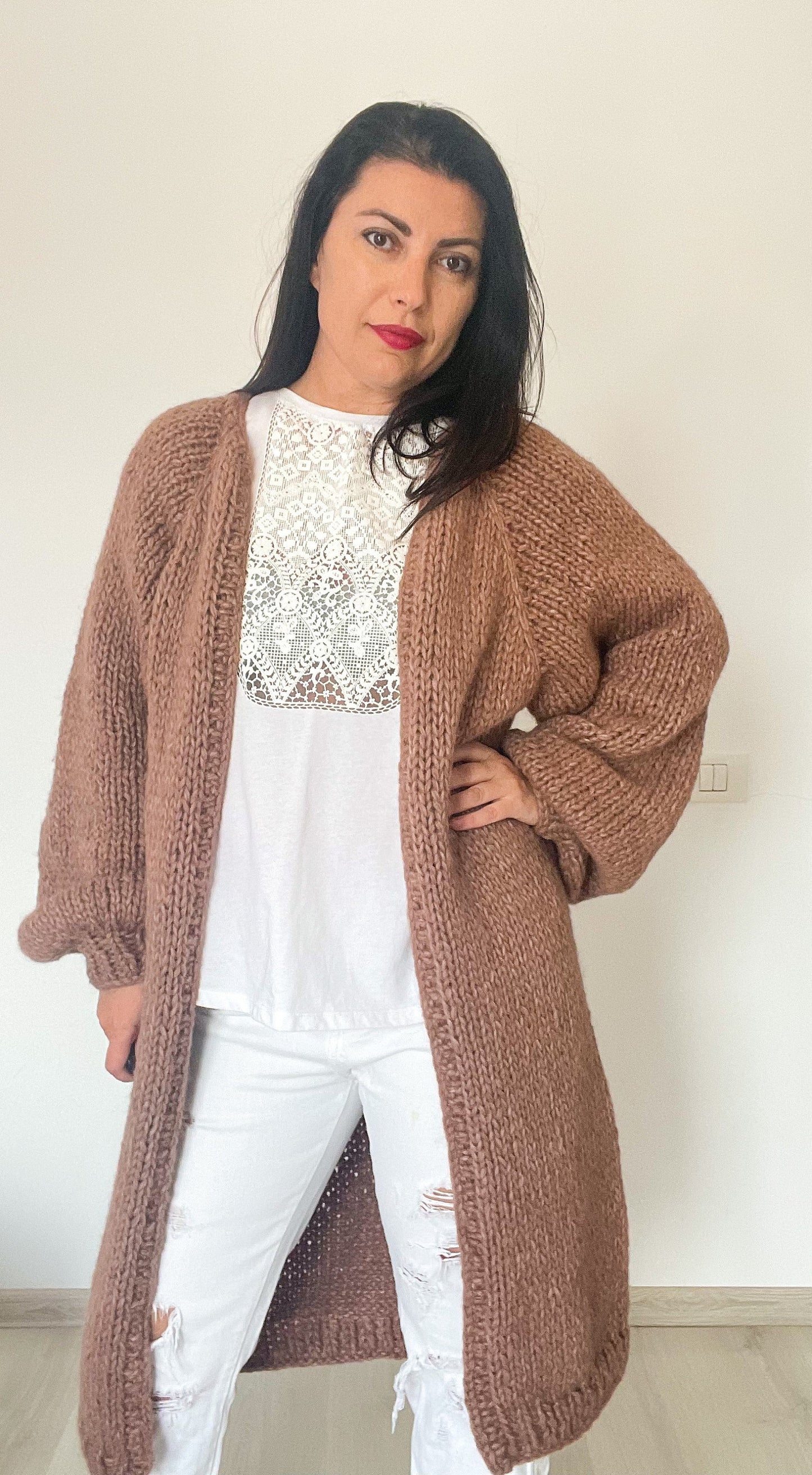 LARA Long Knit Cardigan with Belt, Milk Chocolate Brown, Soft Alpaca Merino Coat, Knit Long Cardigan, Brown Cardigan