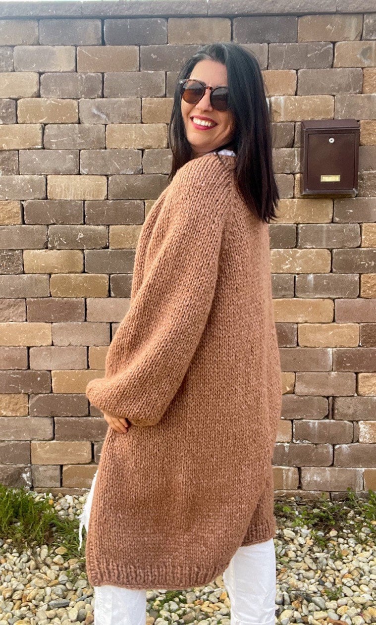 LARA Long Knit Cardigan with Belt, Milk Chocolate Brown, Soft Alpaca Merino Coat, Knit Long Cardigan, Brown Cardigan