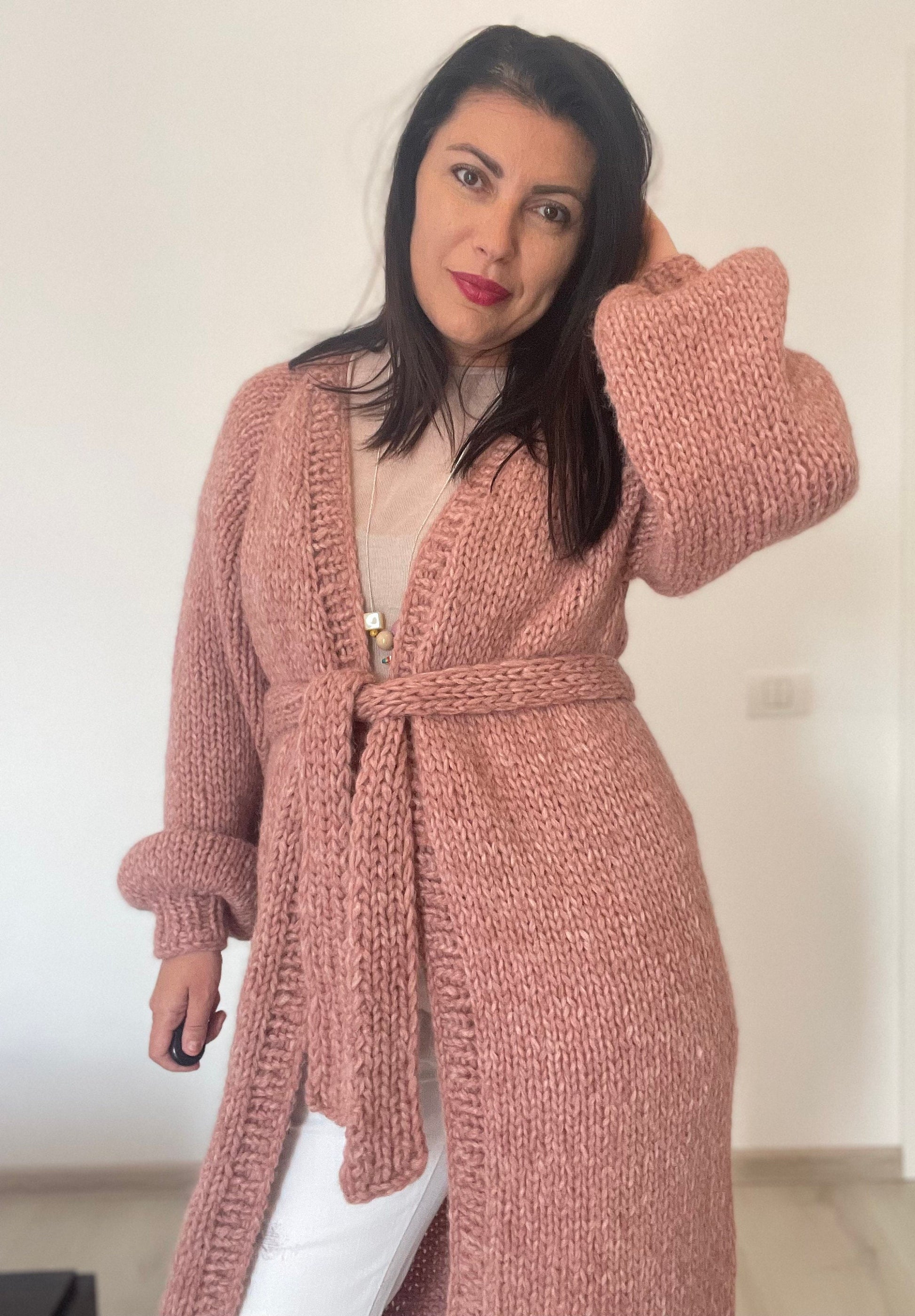 LARA Long Knit Cardigan with Belt, Pink Blush Cardigan, Alpaca Merino Long Coat, Long Knit Cardigan with Belt, Pastel Soft Alpaca Cardigan