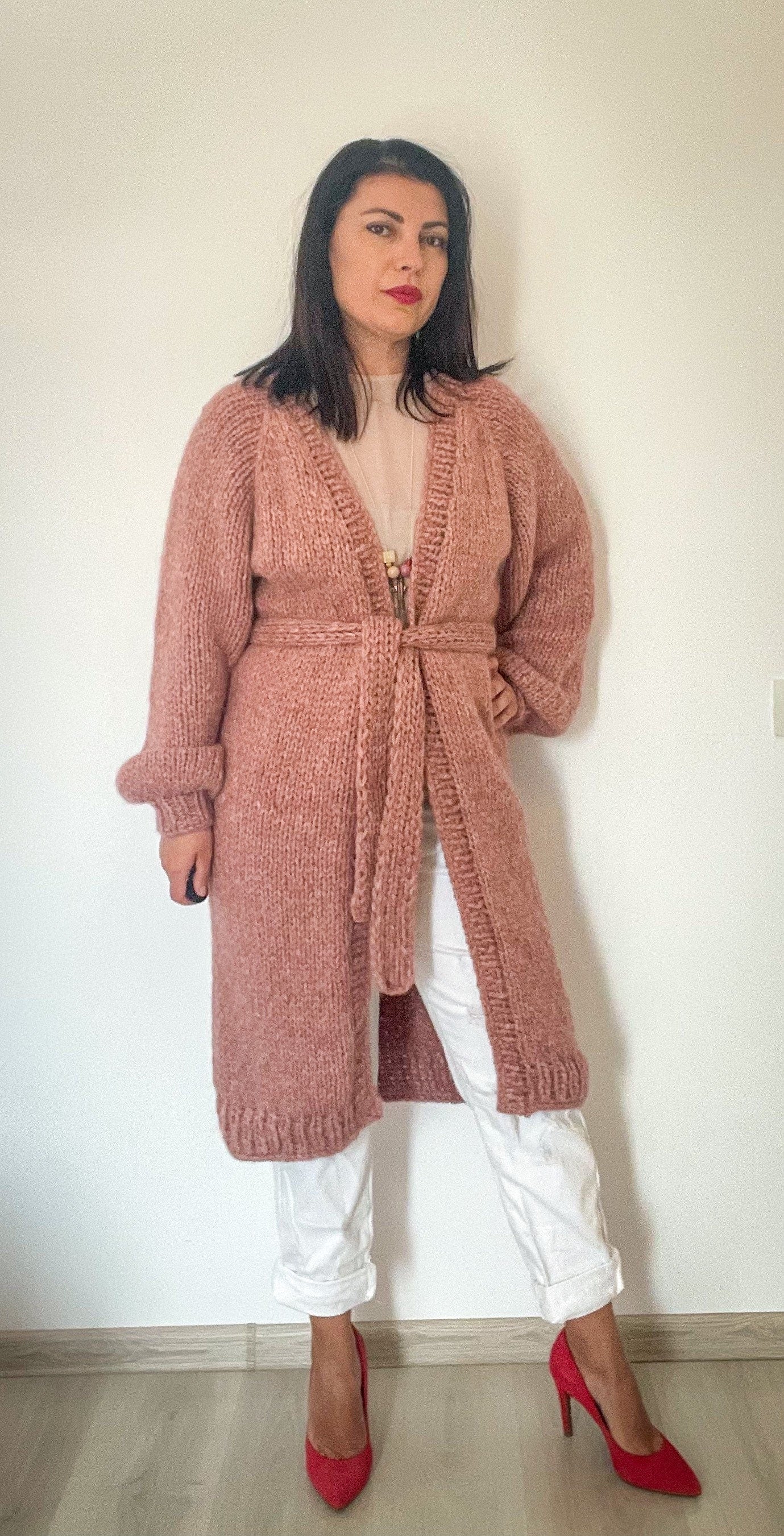 LARA Long Knit Cardigan with Belt, Pink Blush Cardigan, Alpaca Merino Long Coat, Long Knit Cardigan with Belt, Pastel Soft Alpaca Cardigan