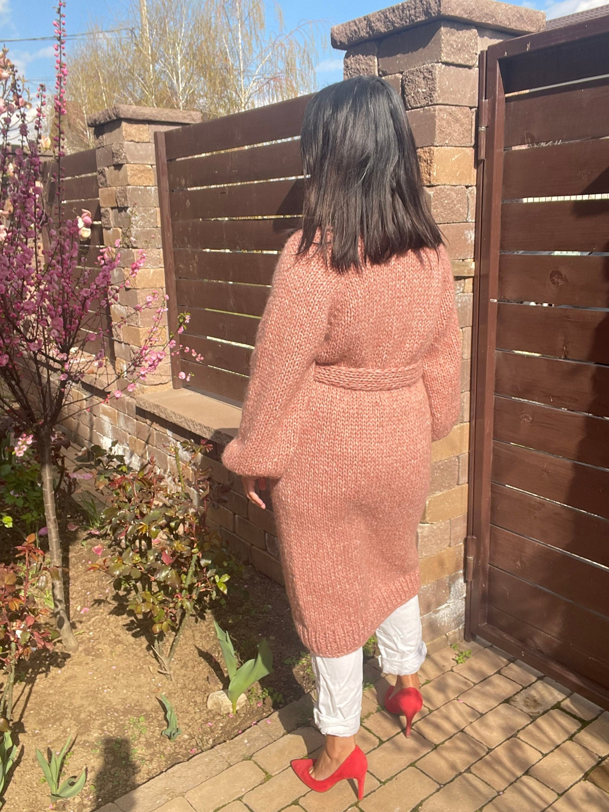 LARA Long Knit Cardigan with Belt, Pink Blush Cardigan, Alpaca Merino Long Coat, Long Knit Cardigan with Belt, Pastel Soft Alpaca Cardigan