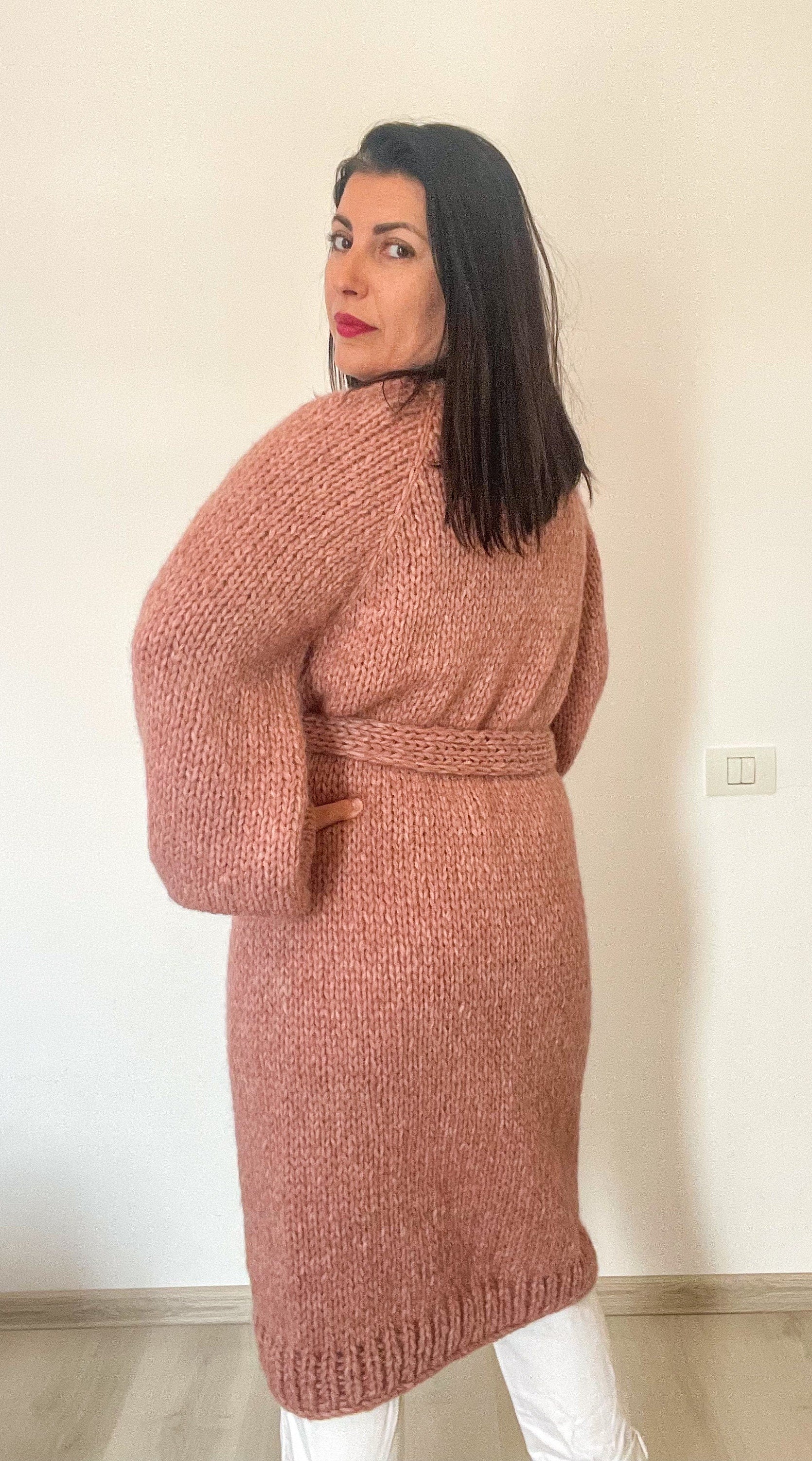 LARA Long Knit Cardigan with Belt, Pink Blush Cardigan, Alpaca Merino Long Coat, Long Knit Cardigan with Belt, Pastel Soft Alpaca Cardigan