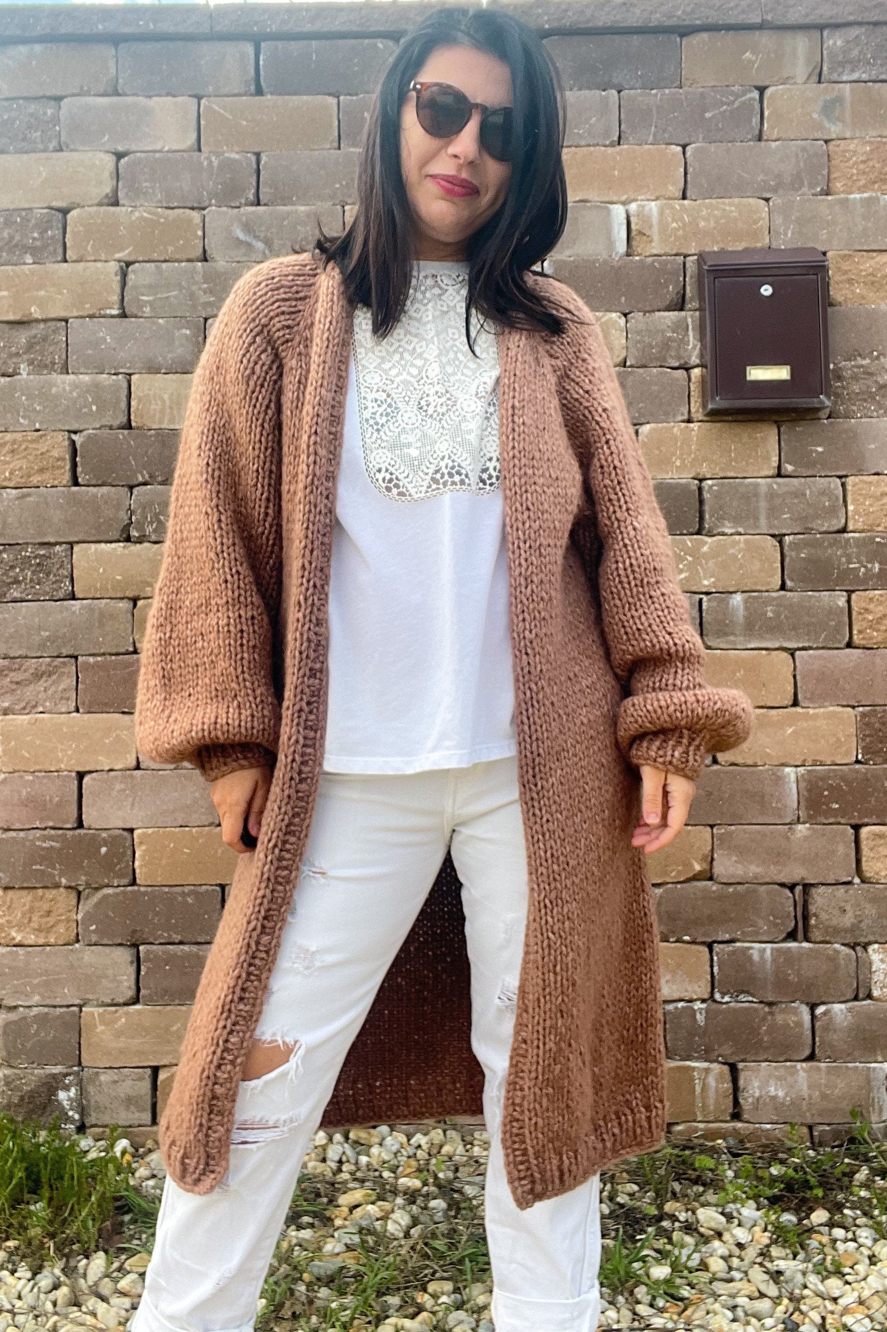 LARA Long Knit Cardigan with Belt, Milk Chocolate Brown, Soft Alpaca Merino Coat, Knit Long Cardigan, Brown Cardigan