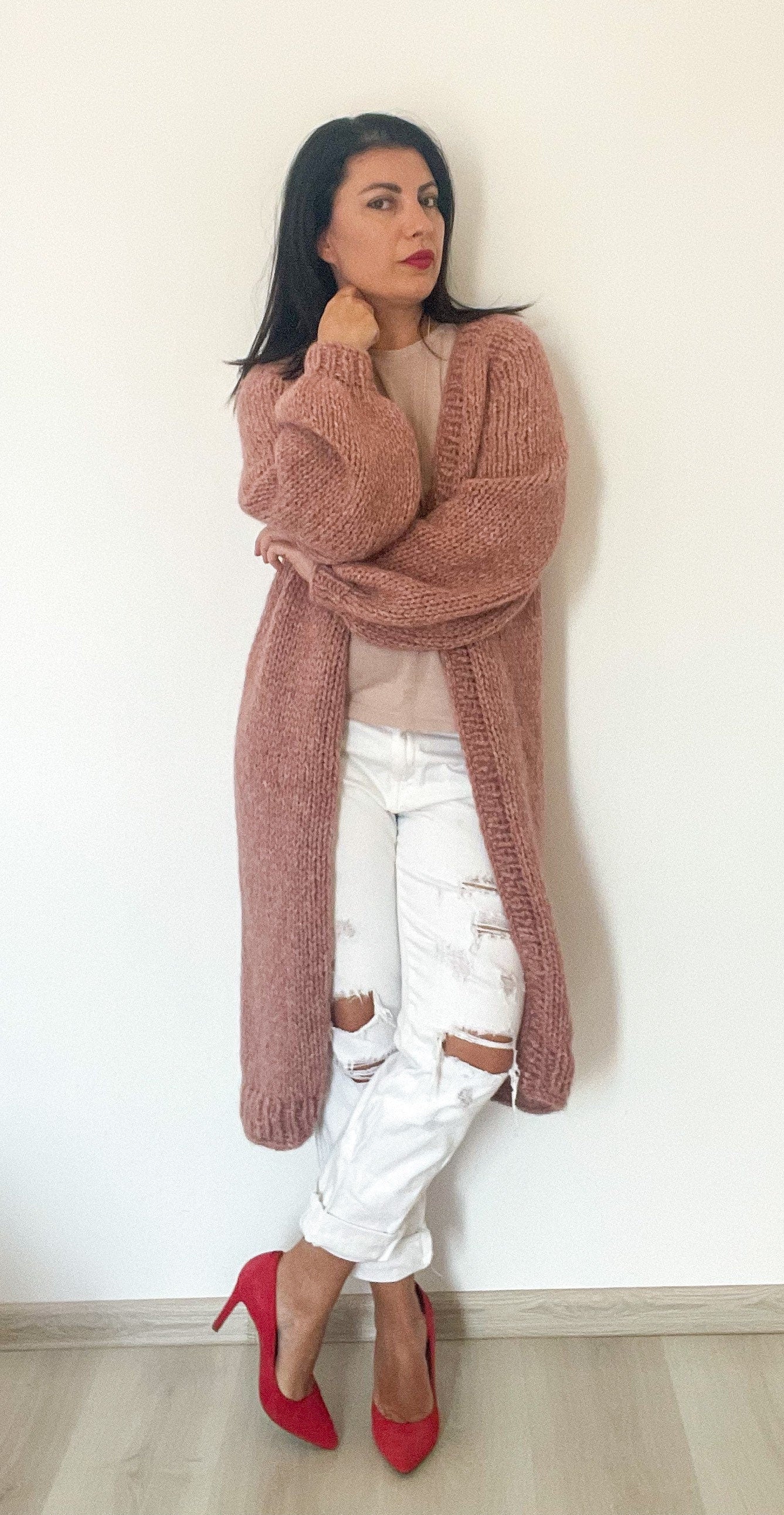 LARA Long Knit Cardigan with Belt, Pink Blush Cardigan, Alpaca Merino Long Coat, Long Knit Cardigan with Belt, Pastel Soft Alpaca Cardigan