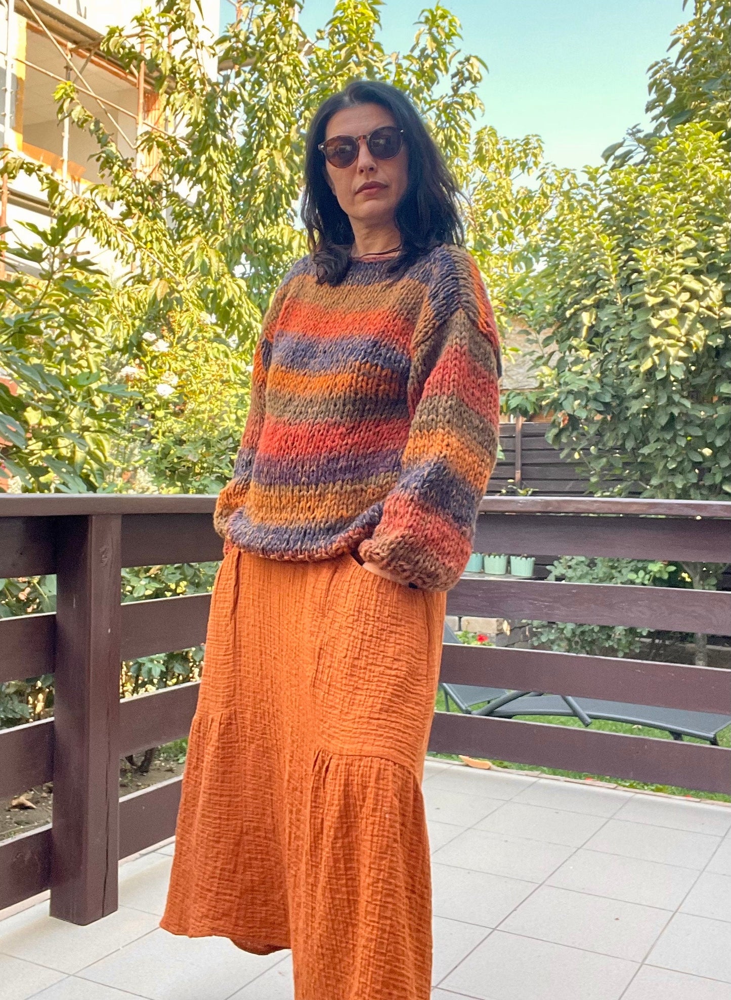 AUTUMN Chunky Sweater, Hand Knit Jumper, Autumn Colours Sweater, Burnt Orange, Blue, Purple Sweater, Ready to Ship, Copper Chunky Cardigan