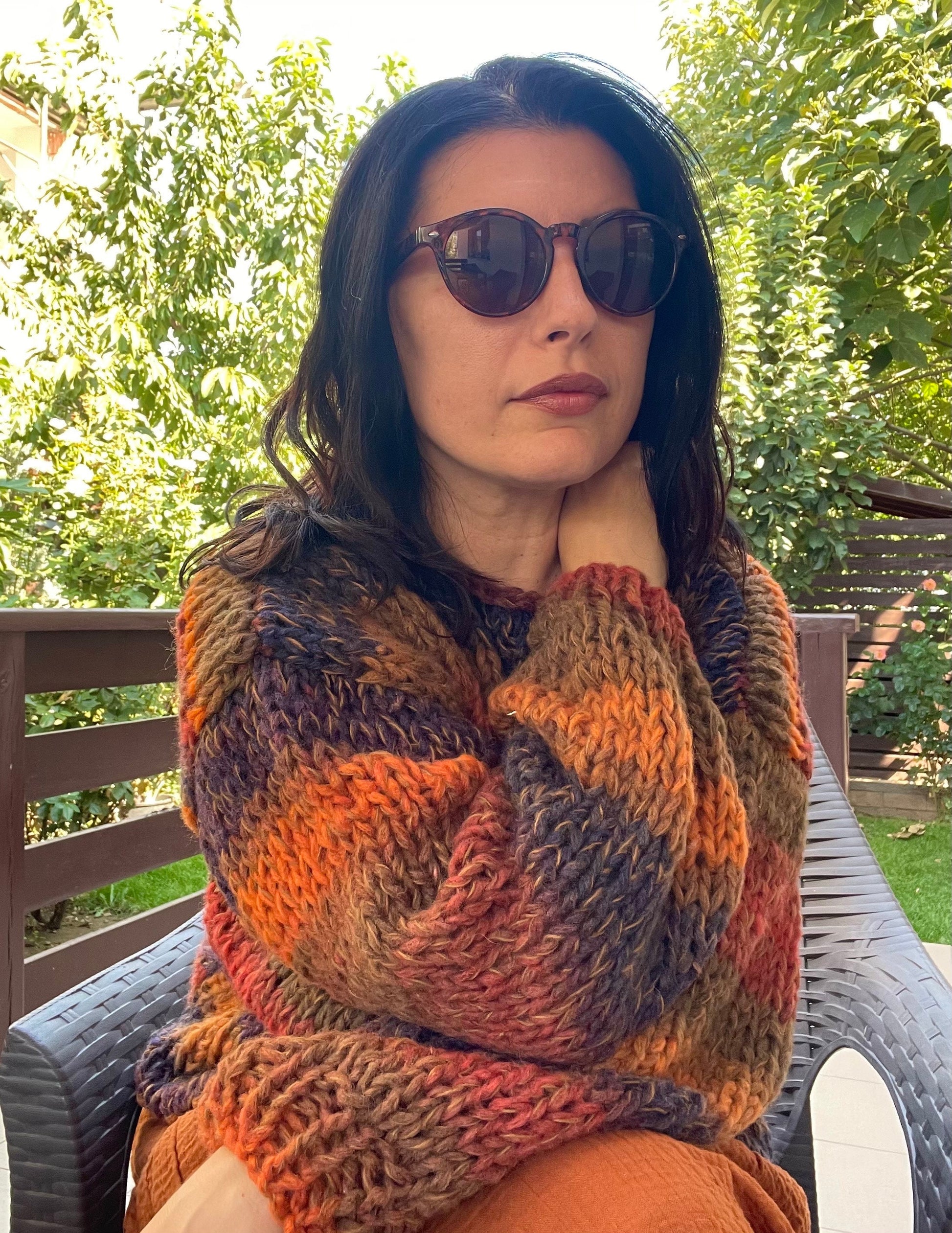AUTUMN Chunky Sweater, Hand Knit Jumper, Autumn Colours Sweater, Burnt Orange, Blue, Purple Sweater, Ready to Ship, Copper Chunky Cardigan