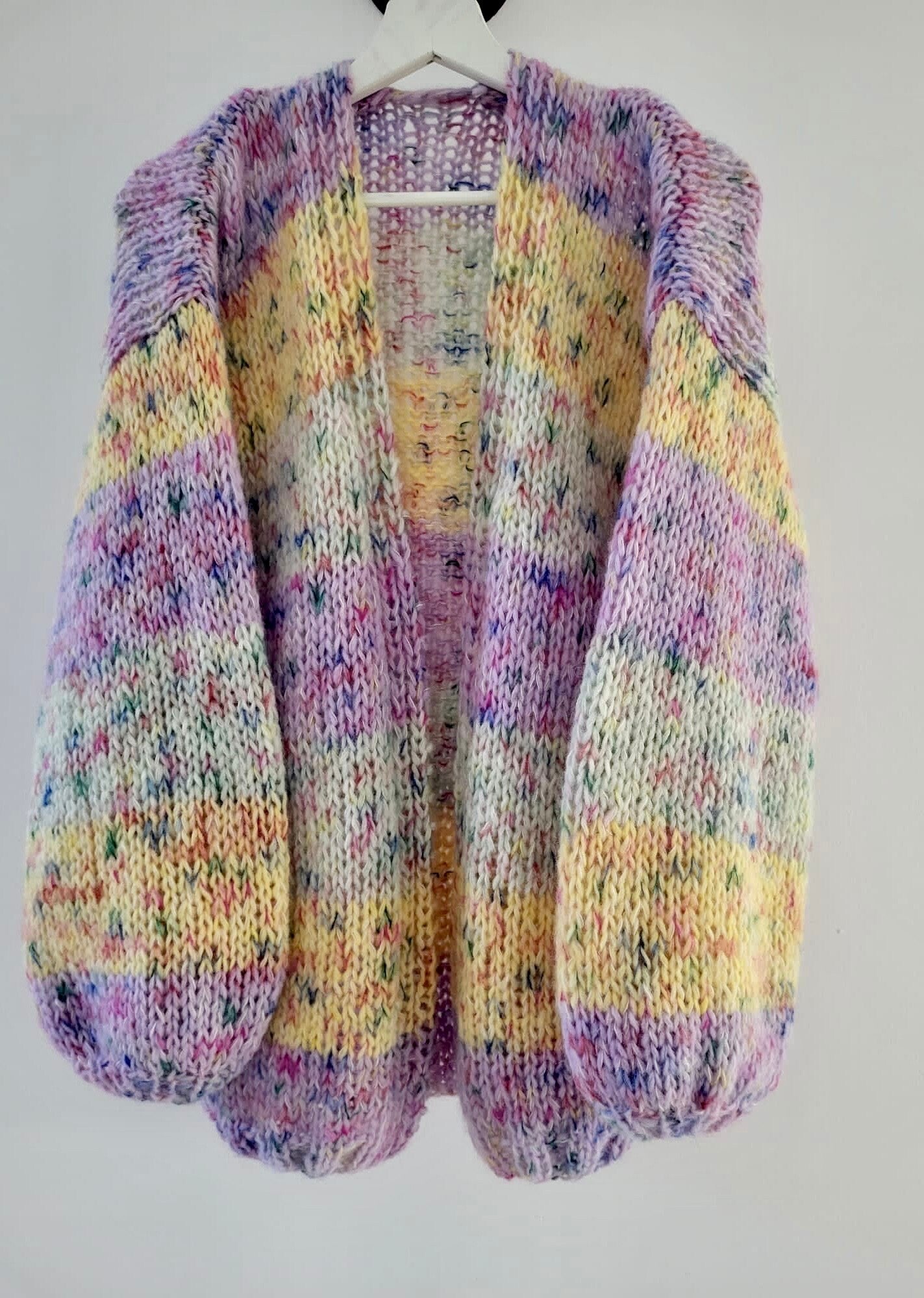 LEELA Alpaca Mohair Cardigan with Balloon Sleeves, Relaxed Fit, Hand Knit, Pastel Cardigan, Colourful Cardigan, Multicolor Cardigan