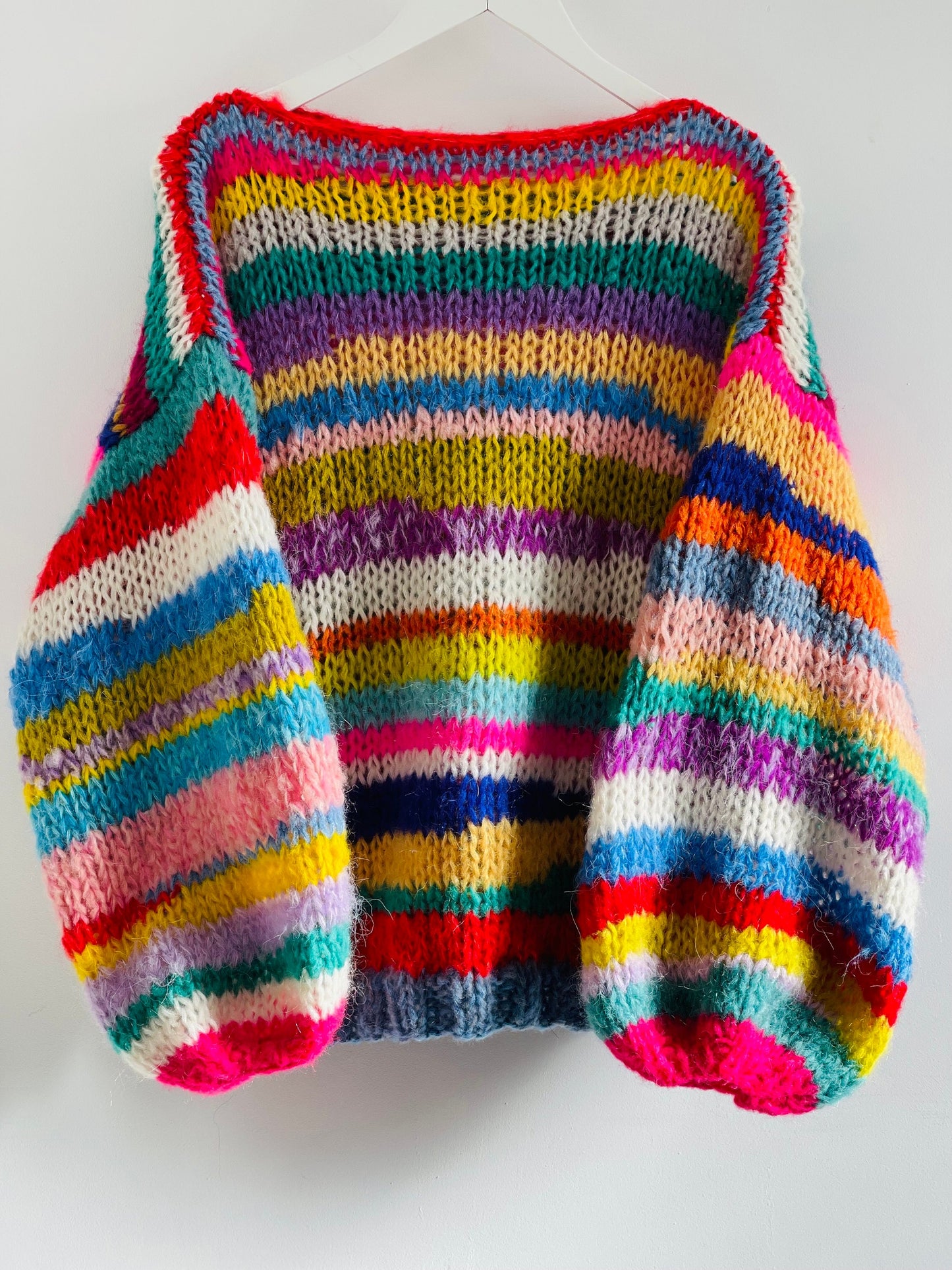 JOY 2 Oversized Rainbow Pullover, Hand Knit Jumper, Hand Knit Chunky Sweater with Balloon Sleeves, Multicolor Sweater, Mohair Sweater