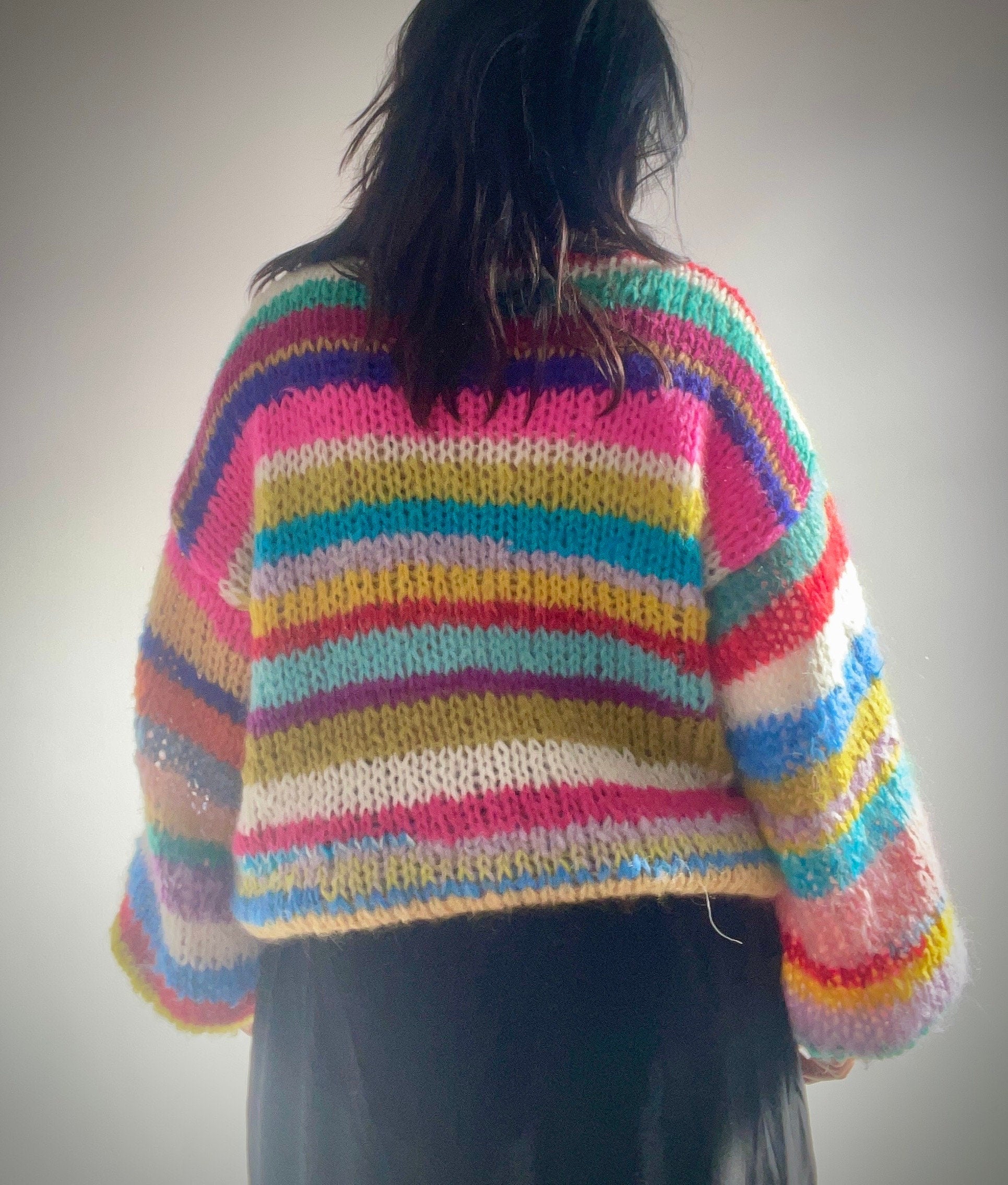 JOY 2 Oversized Rainbow Pullover, Hand Knit Jumper, Hand Knit Chunky Sweater with Balloon Sleeves, Multicolor Sweater, Mohair Sweater