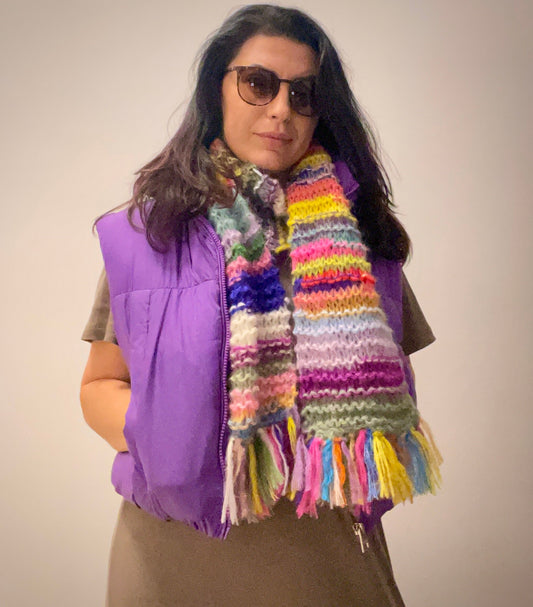 JOY Multicolored Mohair Scarf, Rainbow Knit Scarf with Fringes