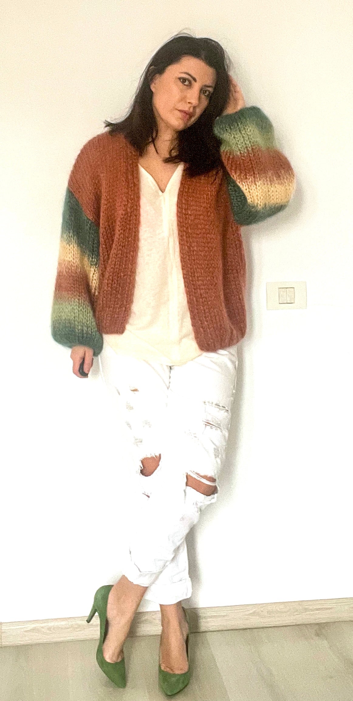 CHOCO MINT Mohair Cardigan, Brown Silk Mohair Cardigan with Balloon Sleeves, Brown Green Vanilla