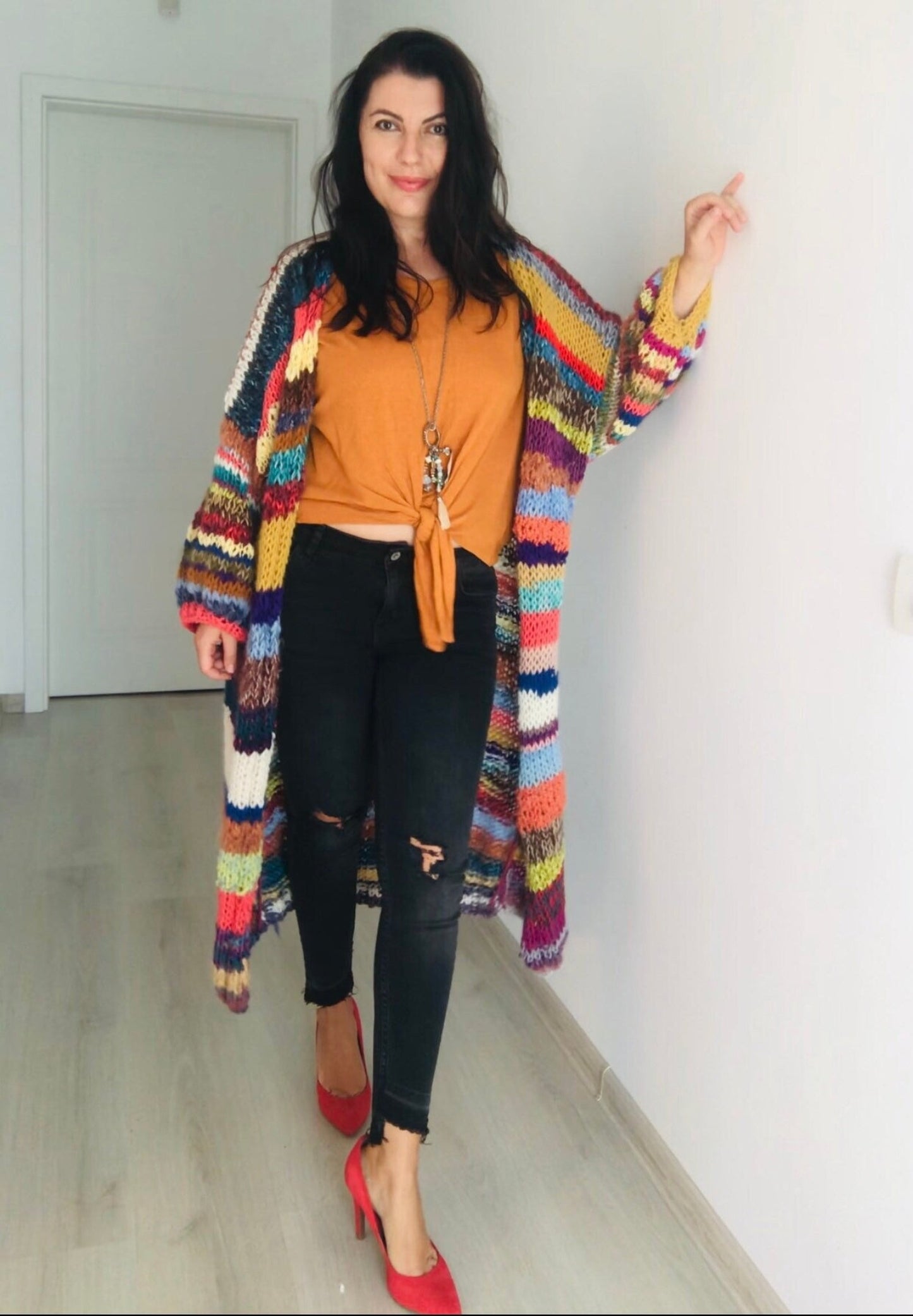 LISABONA Long Line Cardigan with Kimono Sleeves, Rainbow Cardigan, Coat Cardigan, Hippie Jumper, Long Chunky Sweater, Multicolor Sweater